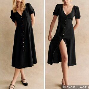 Sezane Black V-Neck Button Front Vic Midi Dress Size 36 US 4